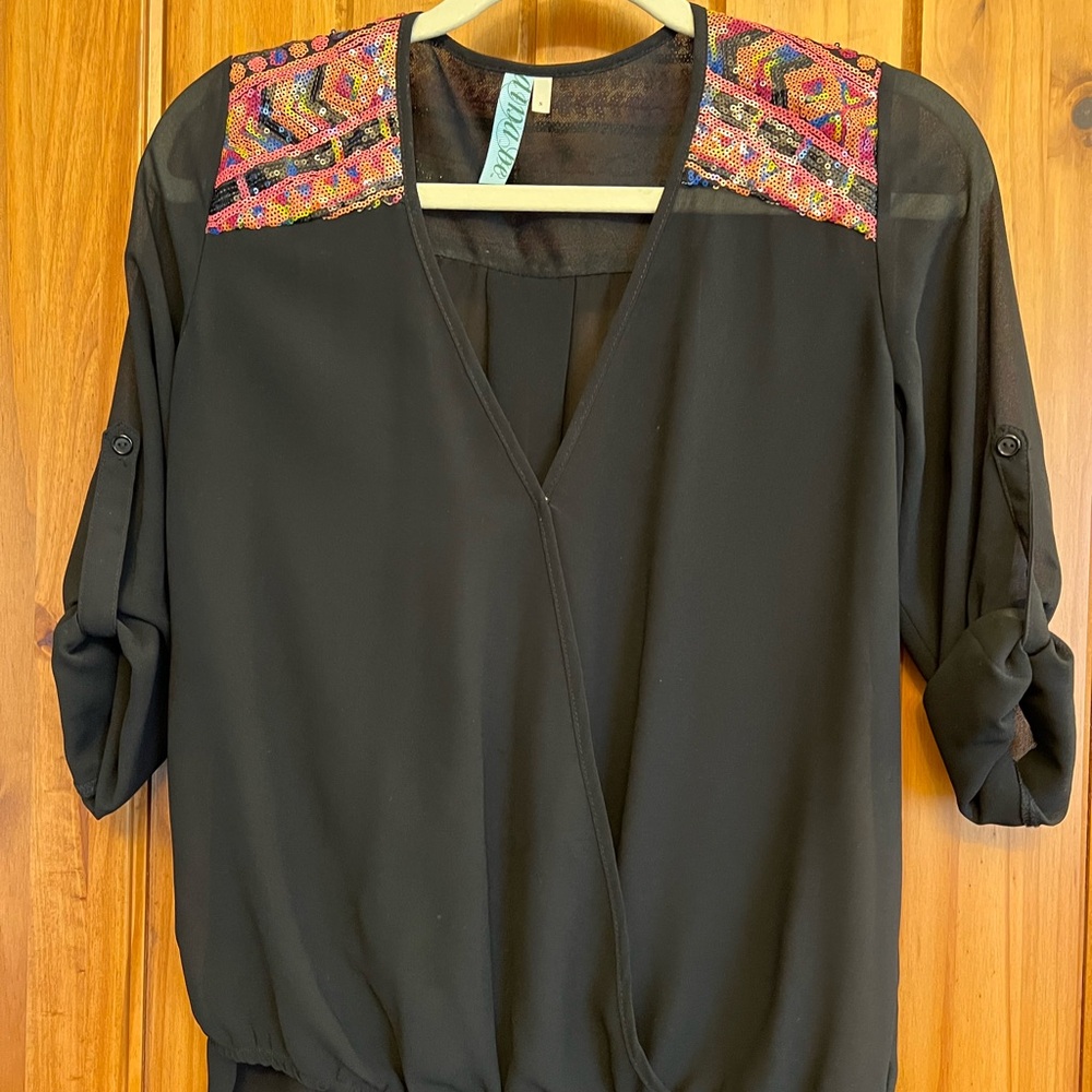 Black Sheer Blouse with Embroidered Shoulders